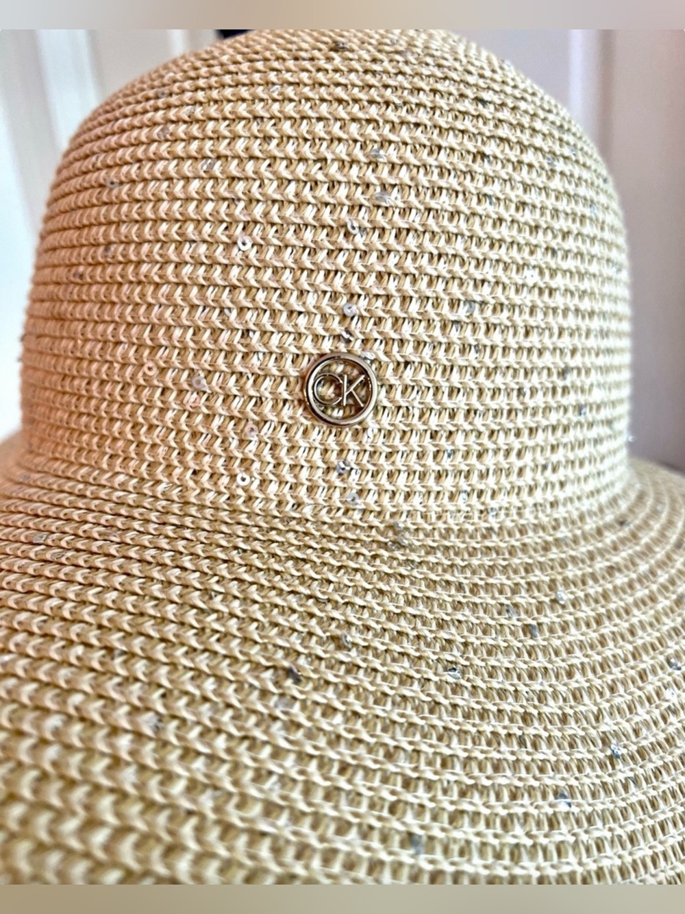 Calvin Klein Sequined Wide Brim Packable Sun Hat Natural Straw OS NWOT - Picture 2 of 8